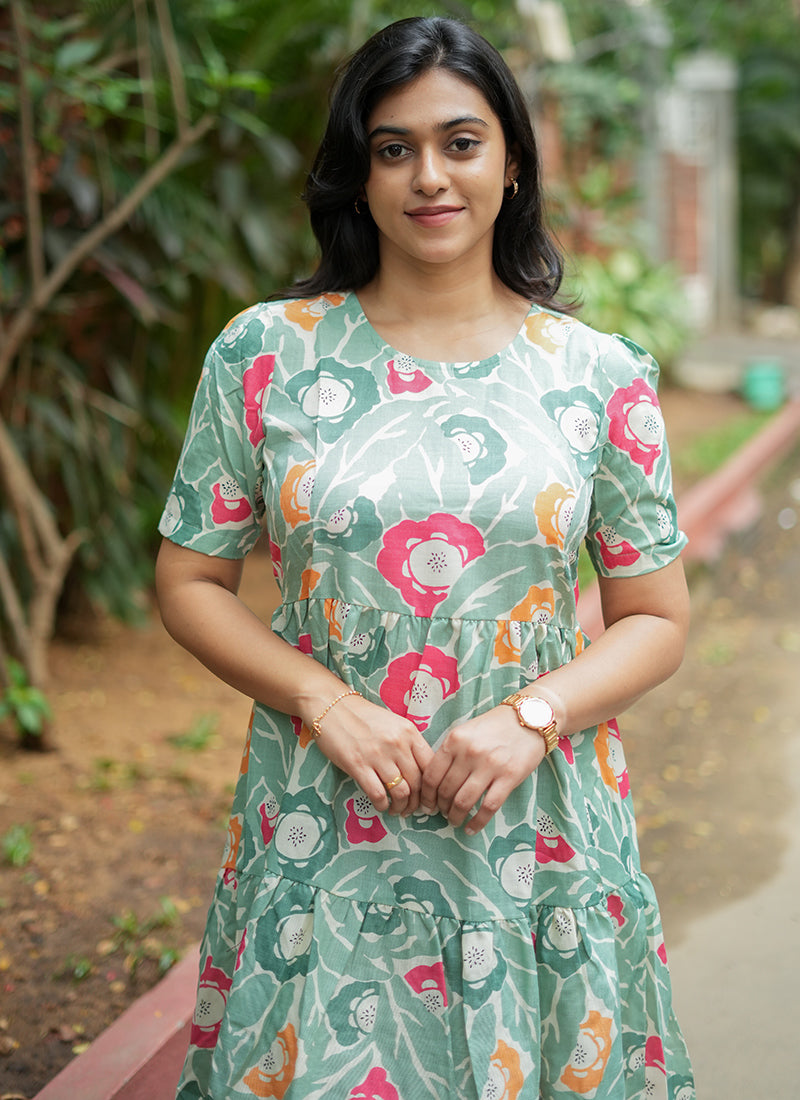 Mint Green Cotton Digital Printed Midi Dress