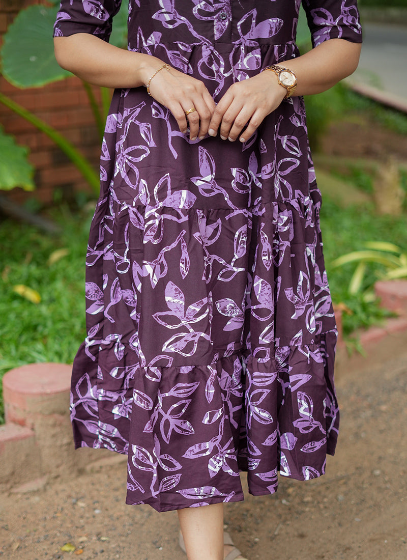 Wine Leaf Printed Cotton Outwear Midi Dress