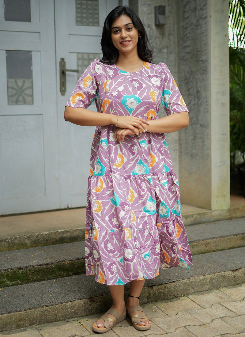 Lavender Digital Printed Cotton Midi Dress