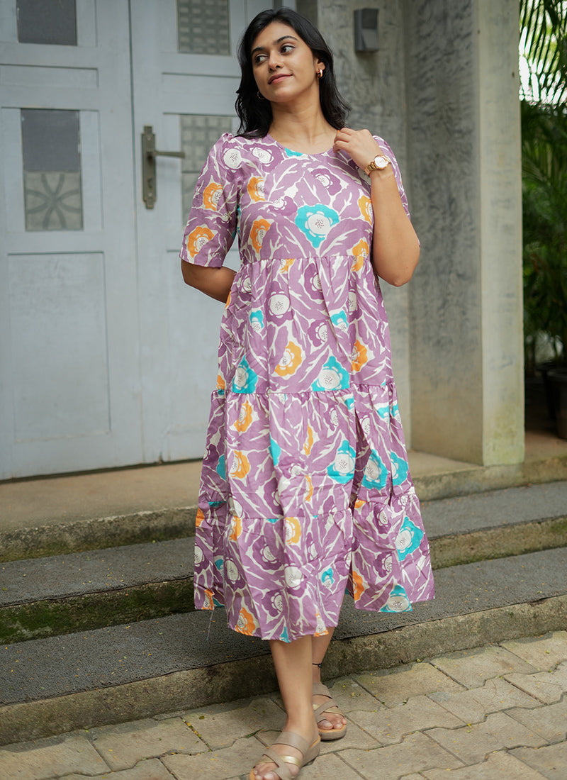Lavender Digital Printed Cotton Midi Dress