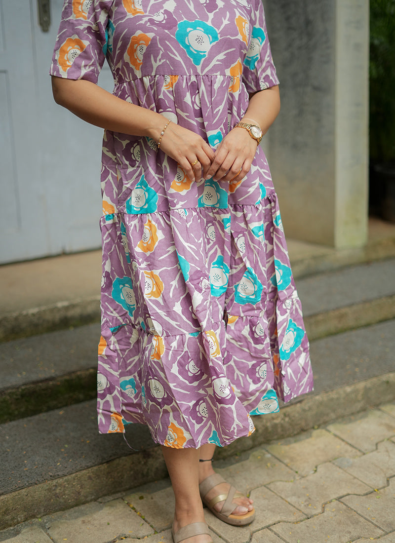 Lavender Digital Printed Cotton Midi Dress