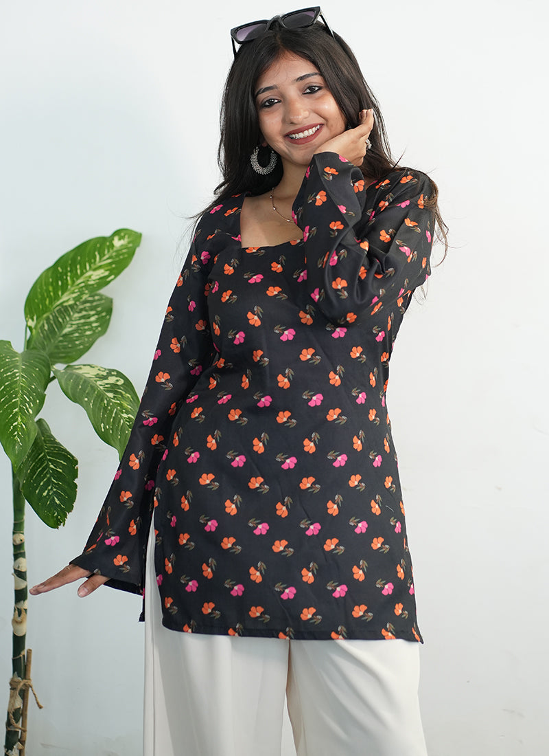 Black Cotton Printed Bell Sleeves Kurti