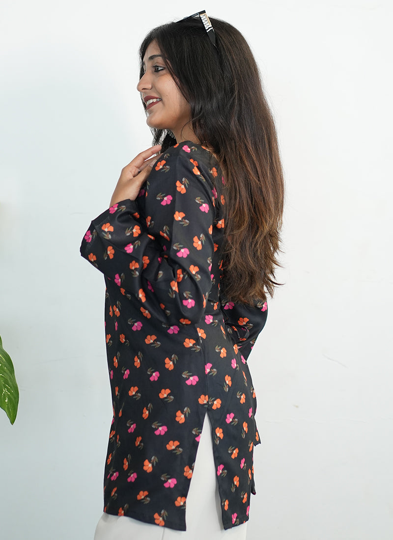 Black Cotton Printed Bell Sleeves Kurti