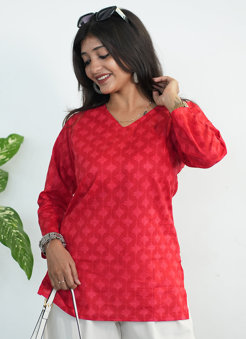 Red Printed Cotton V Neck Kurti