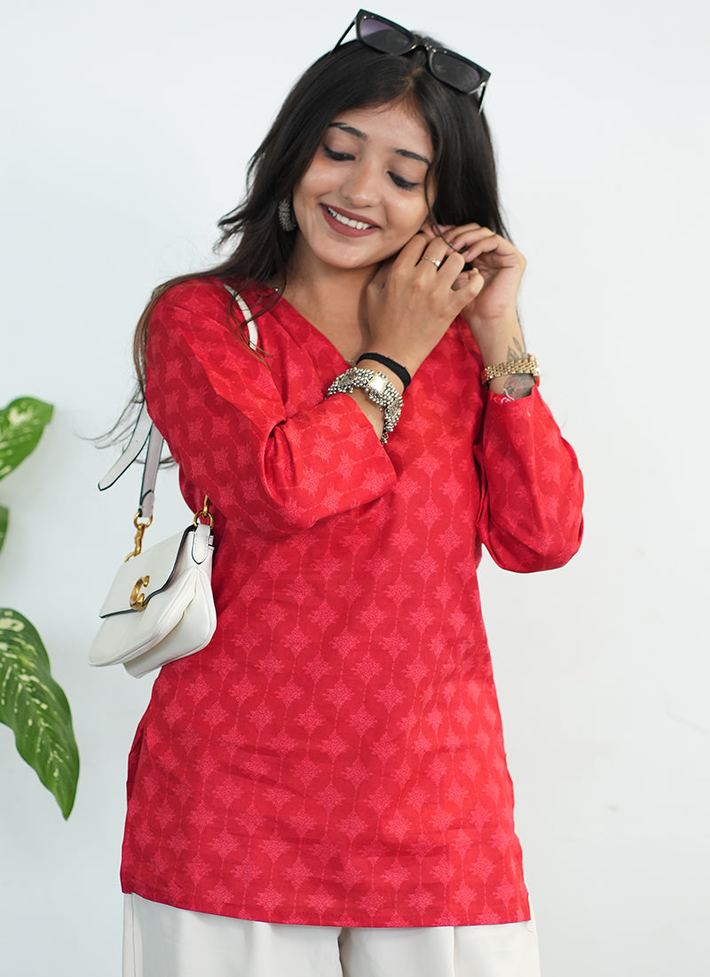 Red Printed Cotton V Neck Kurti