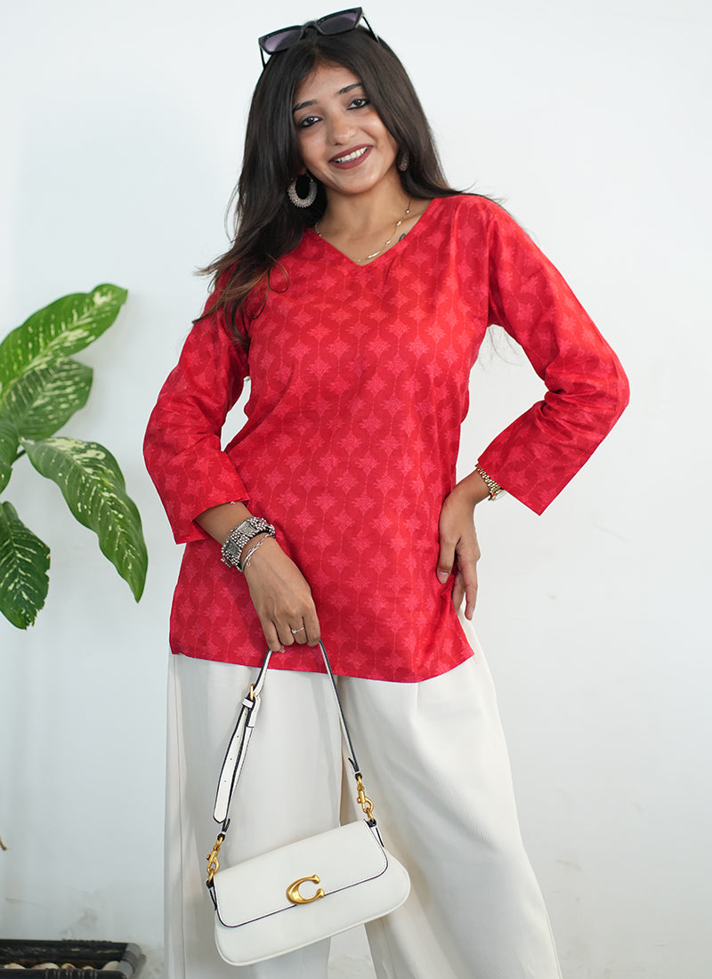 Red Printed Cotton V Neck Kurti