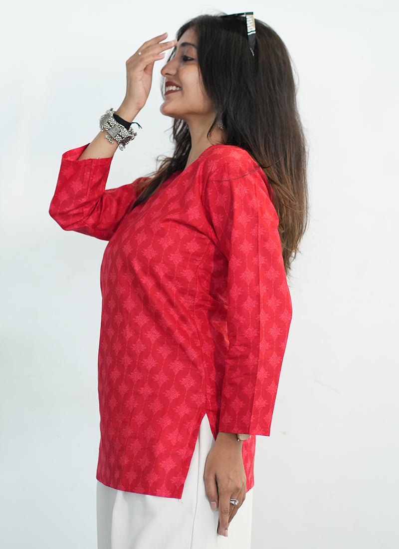 Red Printed Cotton V Neck Kurti