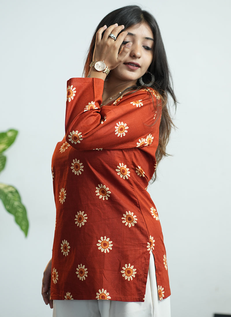 Orange Flower Printed Cotton V Neck Kurti