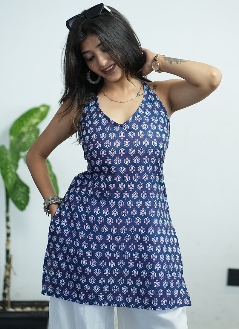 Blue Halter Neck Cotton Printed Kurti