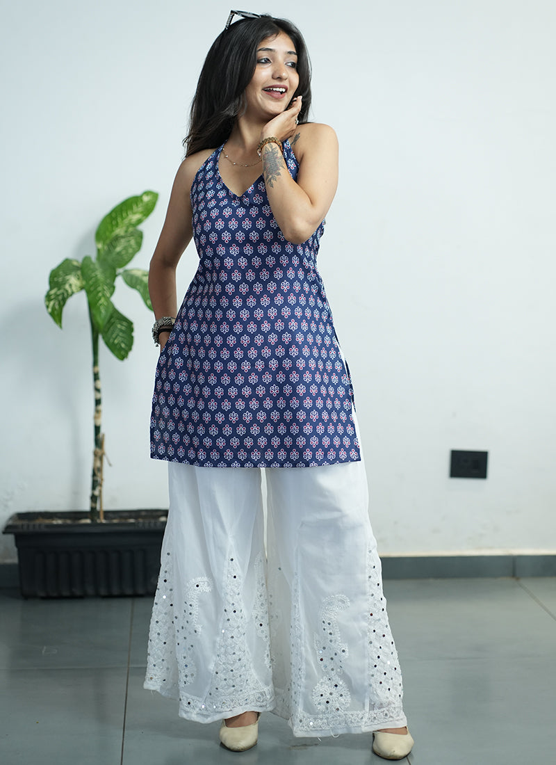 Blue Halter Neck Cotton Printed Kurti