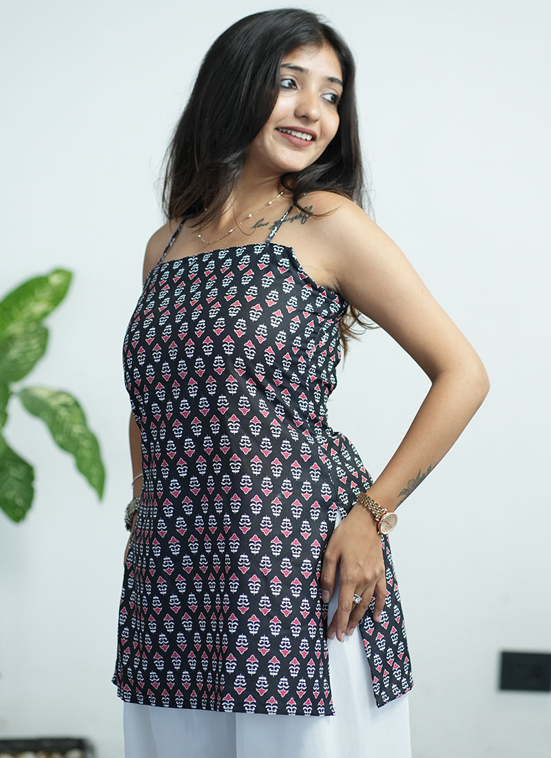 Black Printed Cotton Spaghetti Strap Kurti