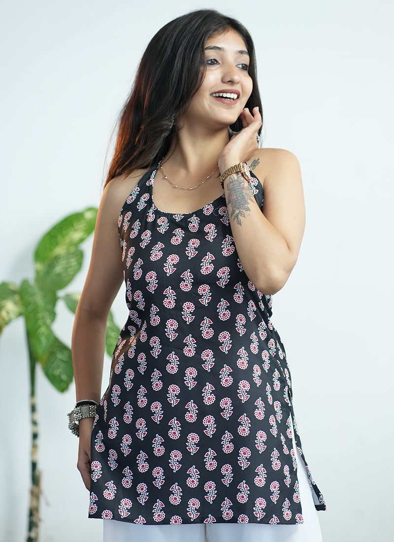 Black Cotton Printed Halter Neck Kurti