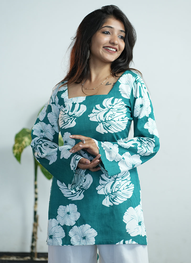 Teal Green Floral Printed Square Neck Cotton Kurti