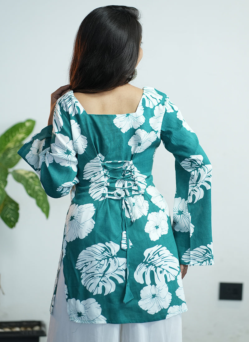 Teal Green Floral Printed Square Neck Cotton Kurti