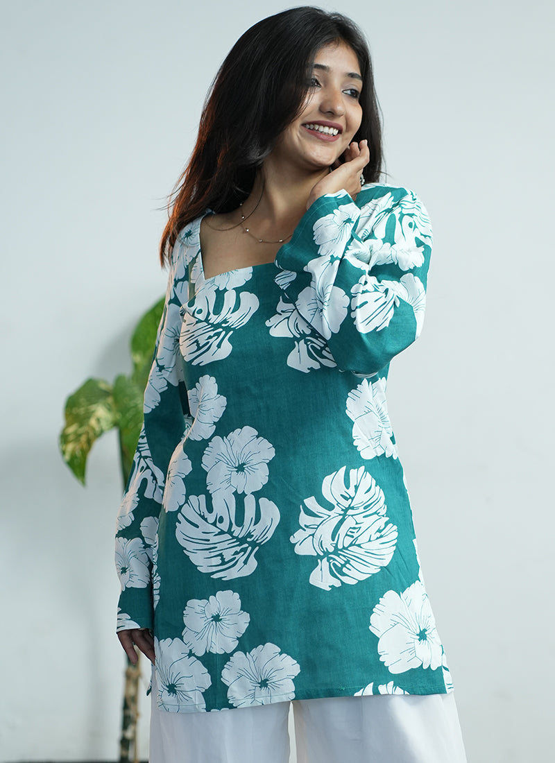 Teal Green Floral Printed Square Neck Cotton Kurti