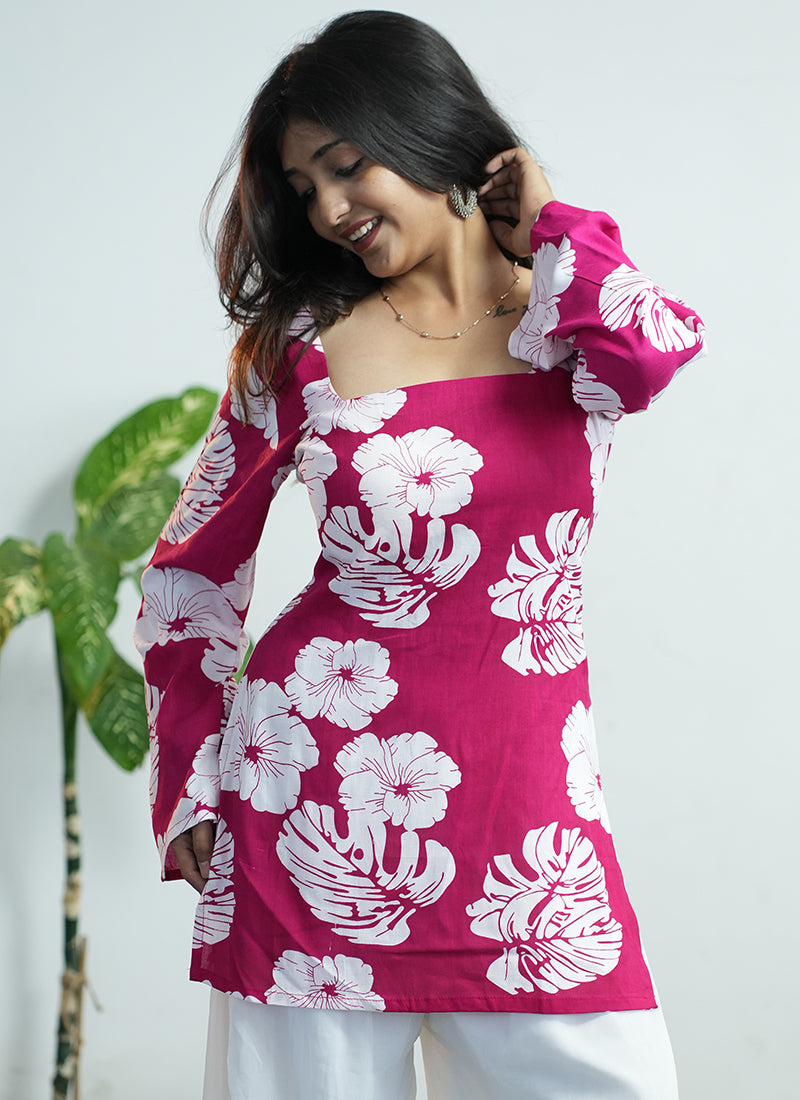 Pink Floral Printed Square Neck Cotton Kurti