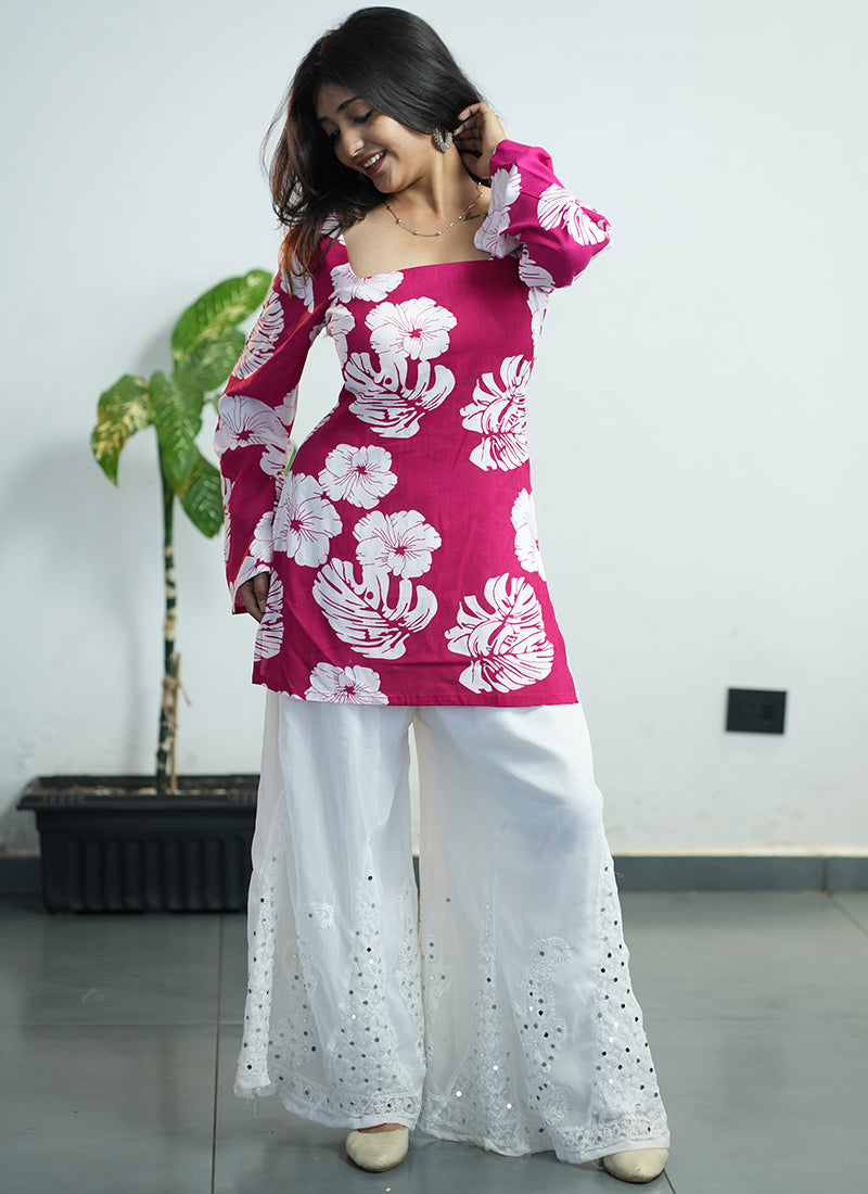 Pink Floral Printed Square Neck Cotton Kurti