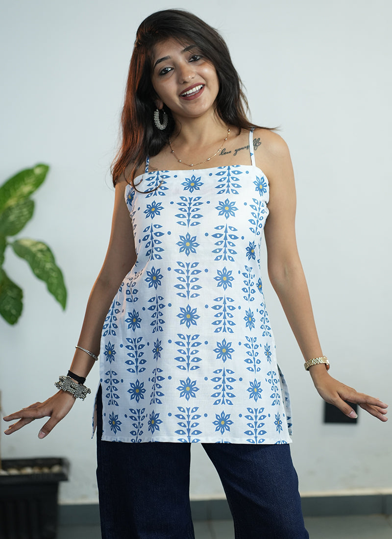 White Floral Printed Cotton Spaghetti Strap Kurti