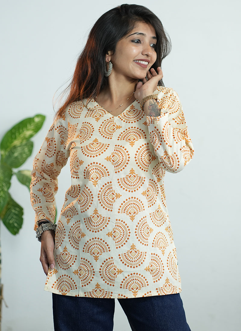 Cream And Yellow Printed Cotton V Neck Kurti