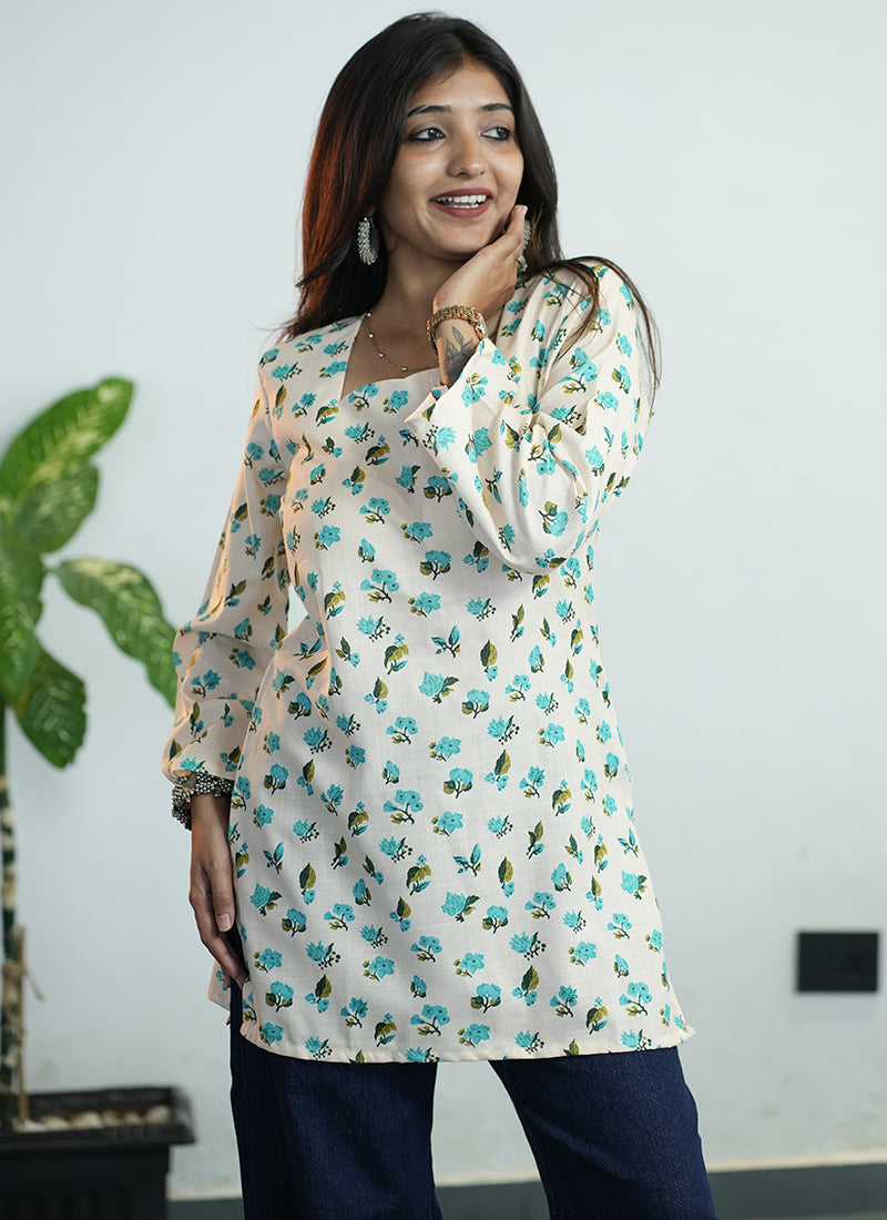 Off White Floral Digital Printed Cotton Kurti