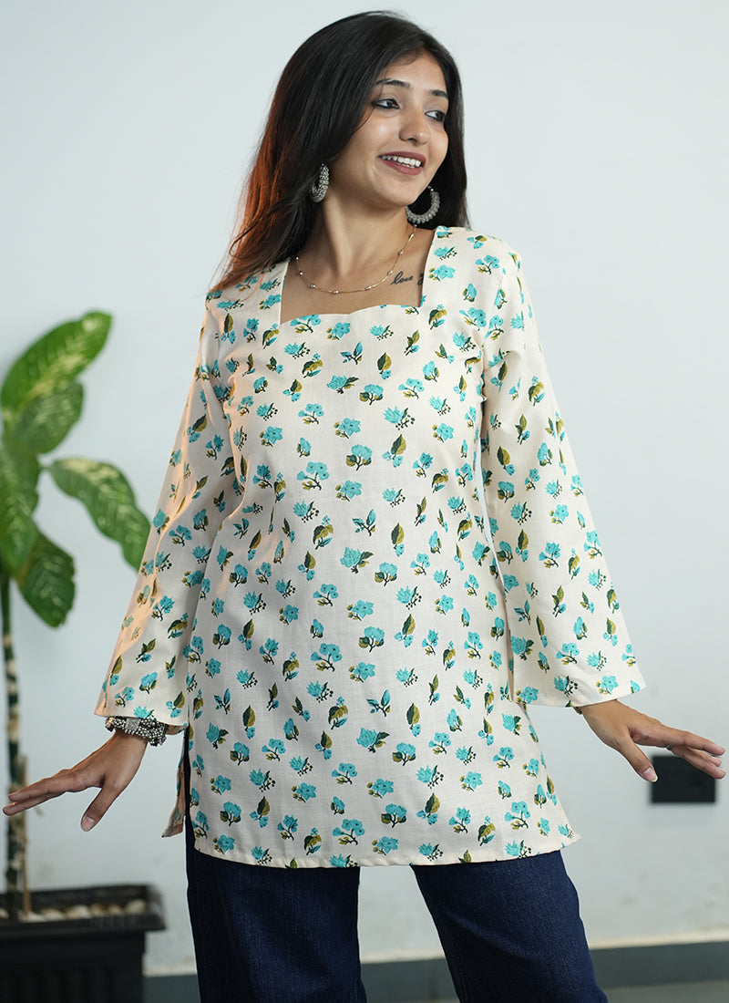 Off White Floral Digital Printed Cotton Kurti