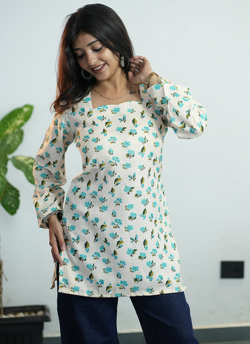 Off White Floral Digital Printed Cotton Kurti