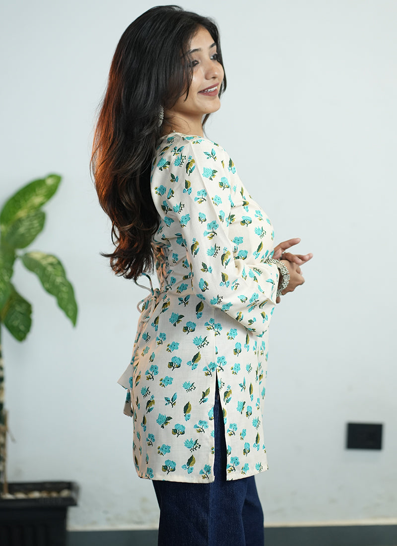Off White Floral Digital Printed Cotton Kurti
