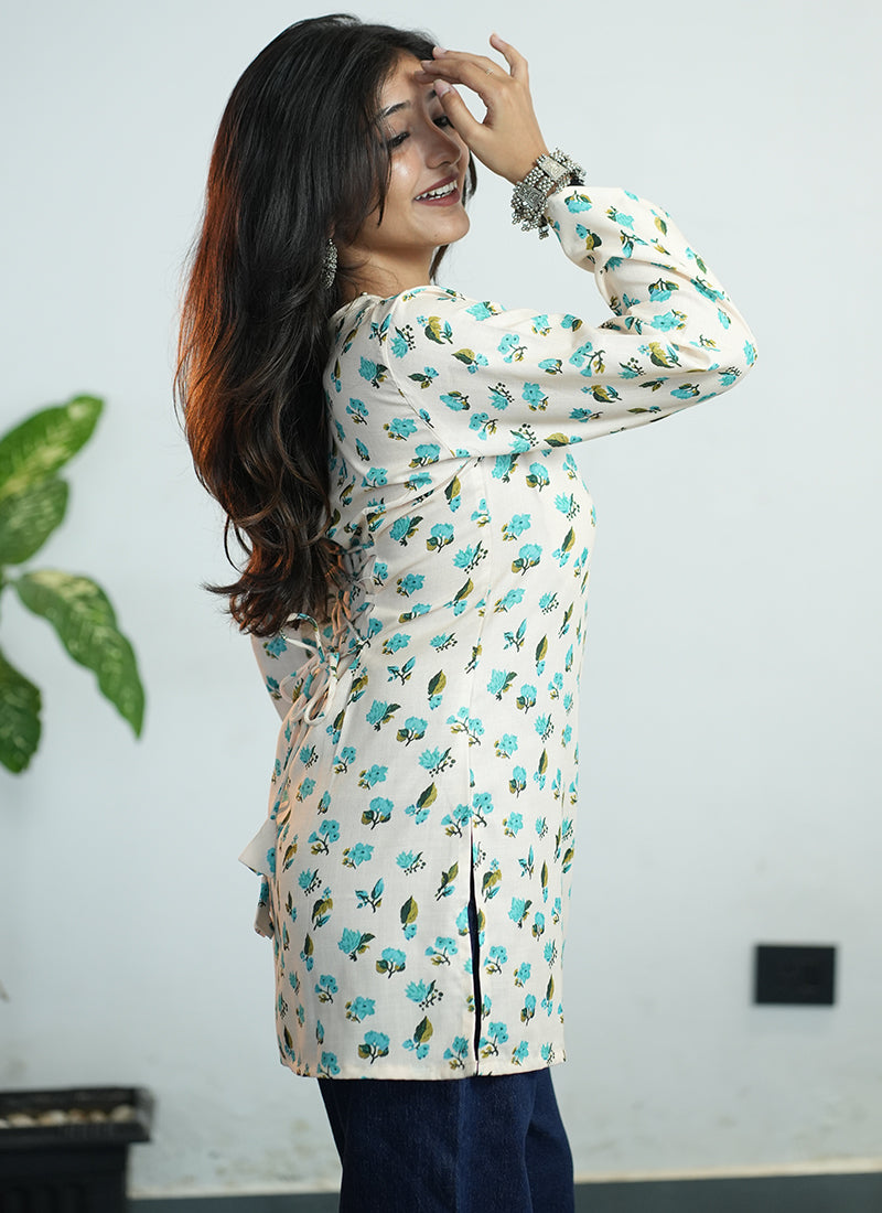Off White Floral Digital Printed Cotton Kurti