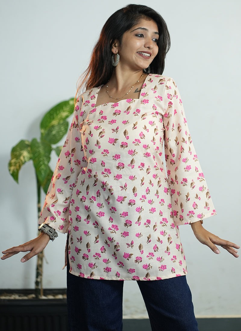 Off White And Pink Floral Printed Cotton Kurti