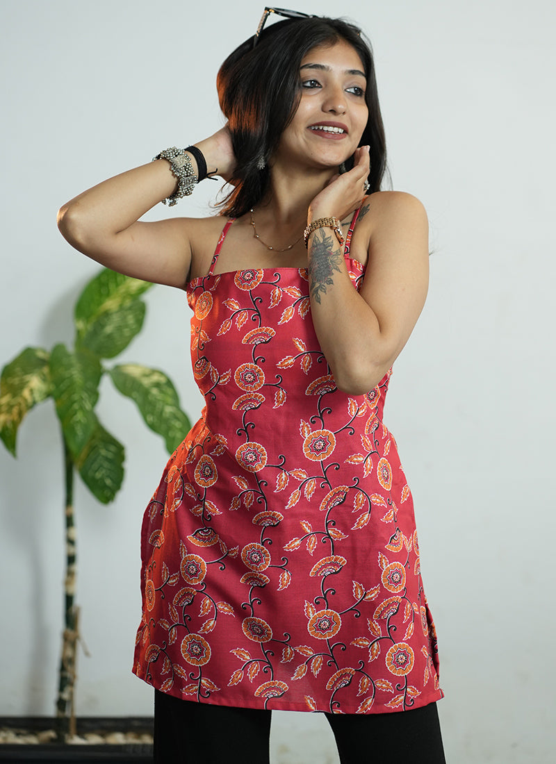 Red Floral Print Cotton Spaghetti Strap Short Kurti