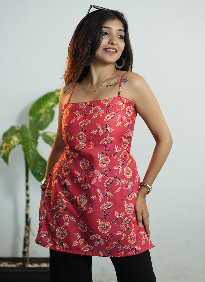 Red Floral Print Cotton Spaghetti Strap Short Kurti