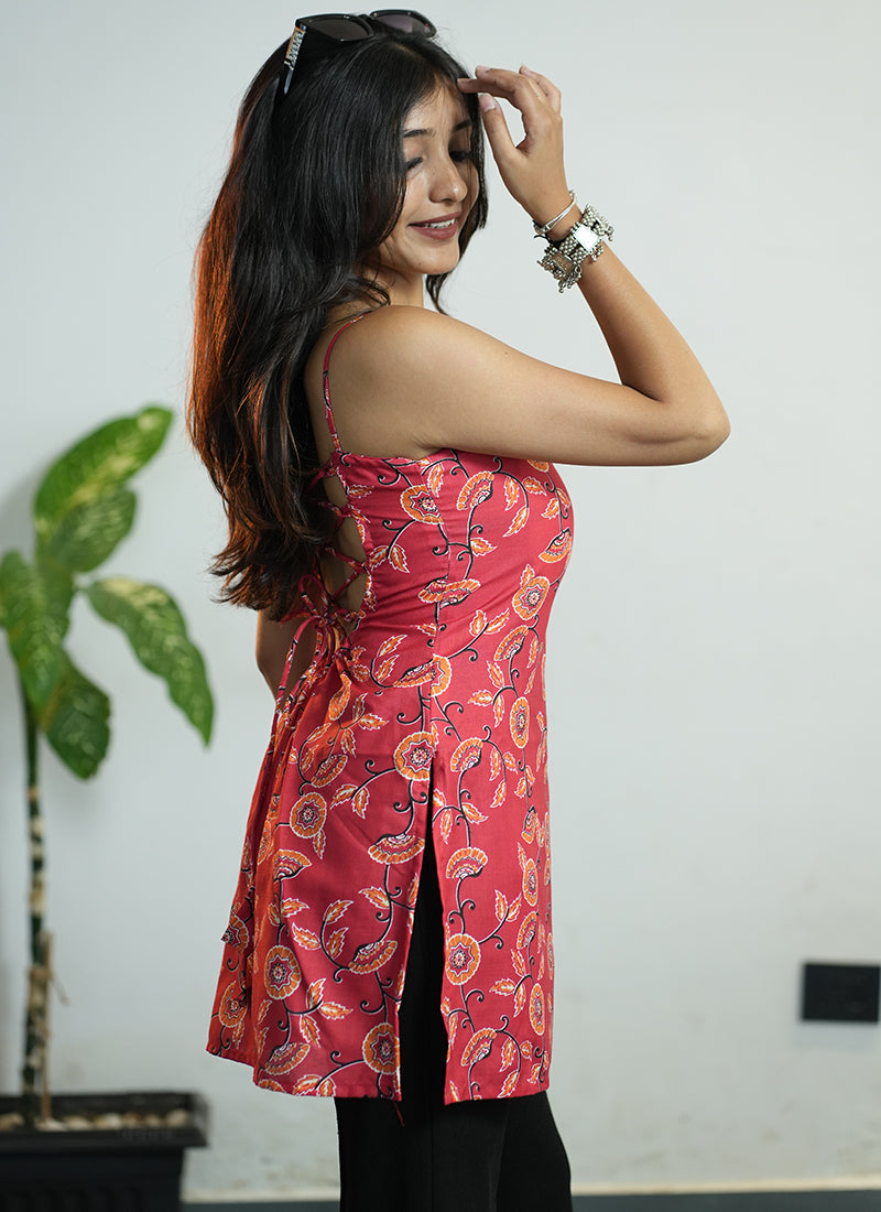 Red Floral Print Cotton Spaghetti Strap Short Kurti