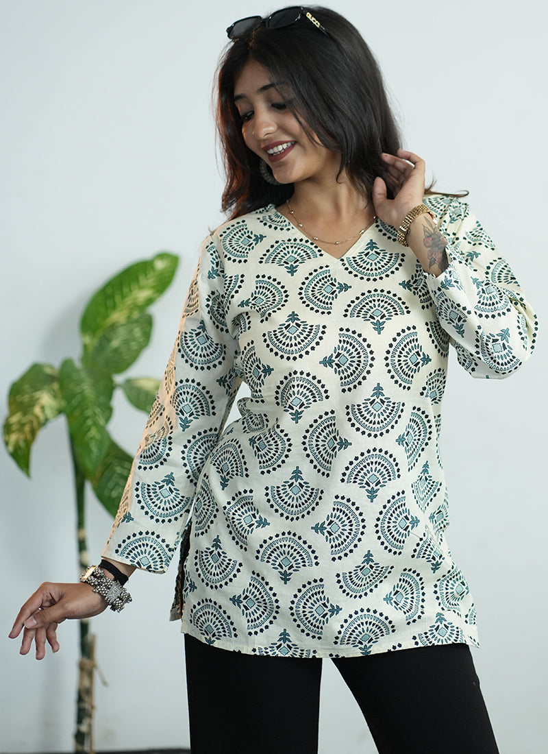 Cream And Green Printed Cotton V Neck Kurti
