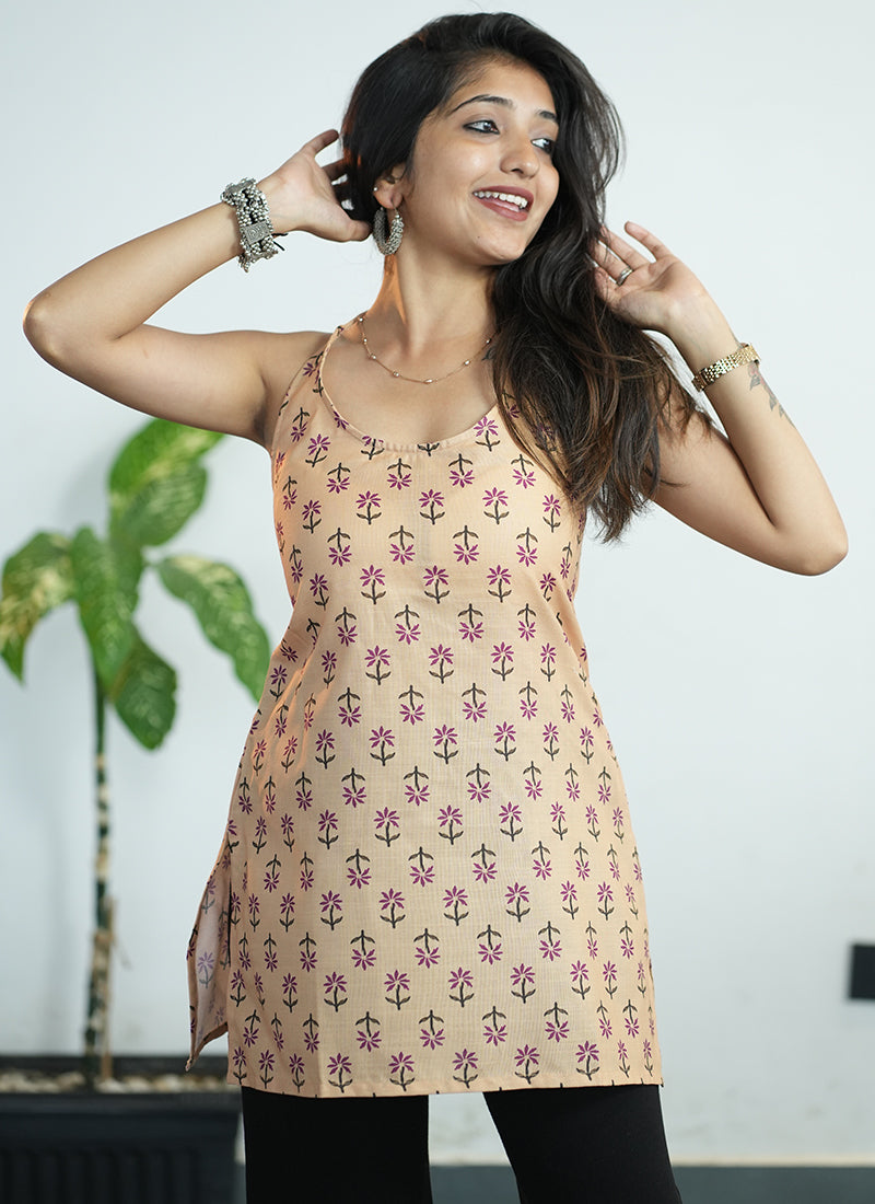 Peach Cotton Halter Neck Printed Kurti