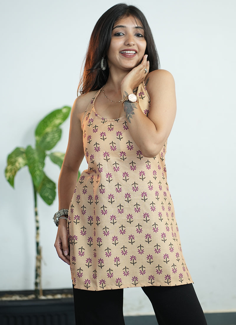 Peach Cotton Halter Neck Printed Kurti