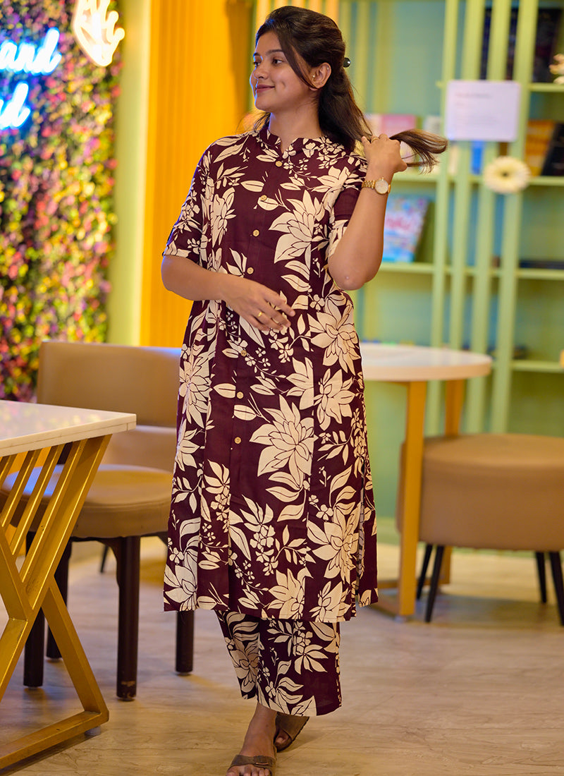 Coffee Pure rayon casual cord-set