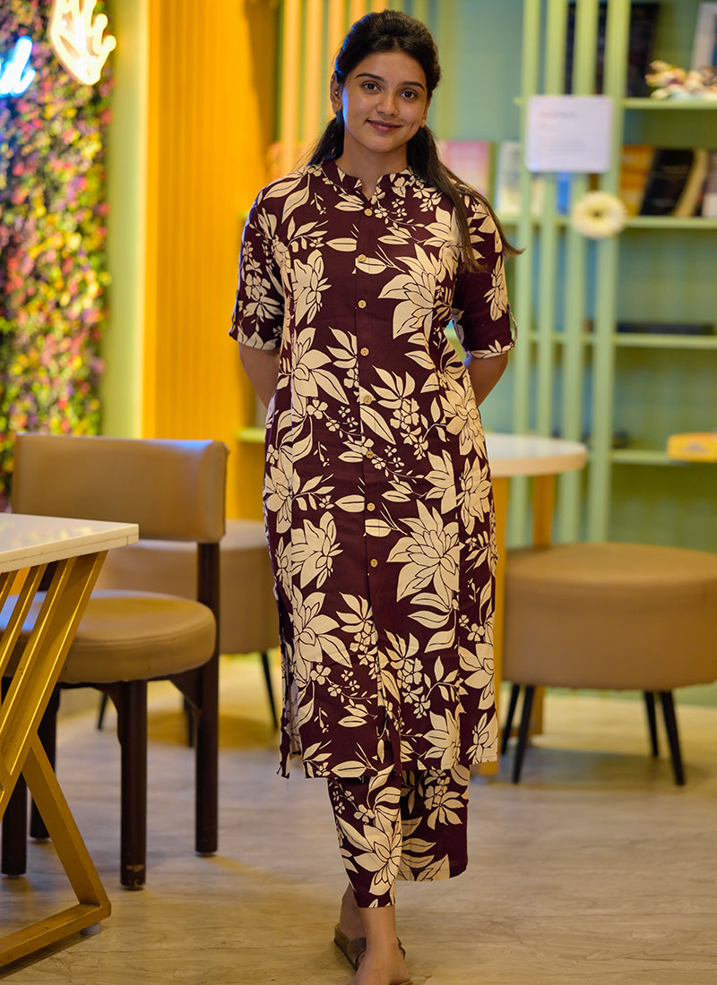 Coffee Pure rayon casual cord-set