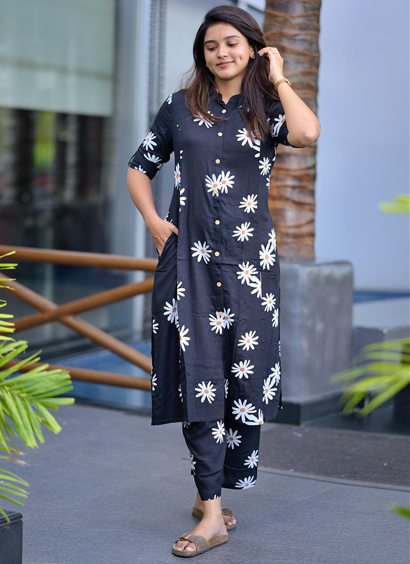 Black floral printed cord set