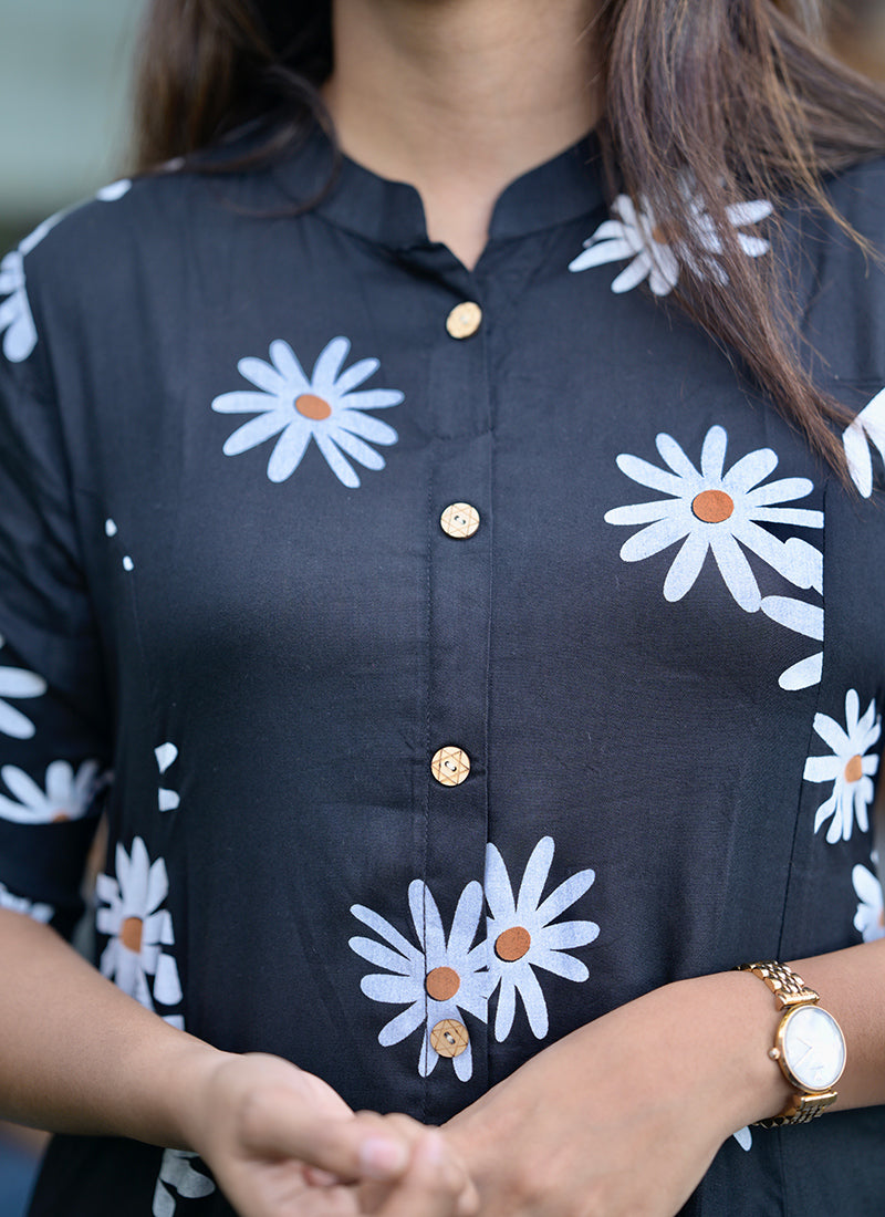 Black floral printed cord set