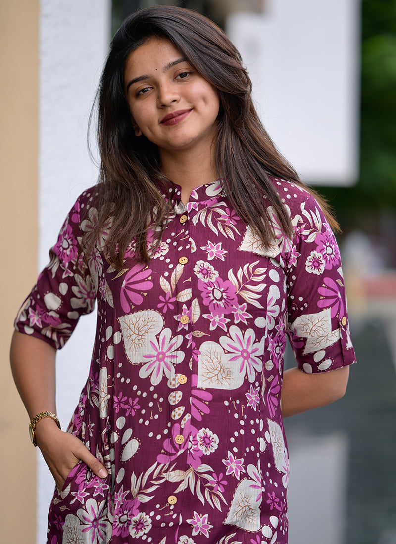 Wine printed casual cord set