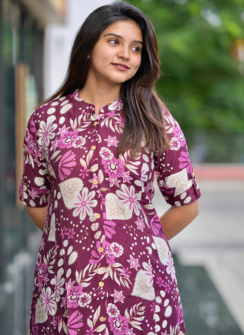 Wine printed casual cord set