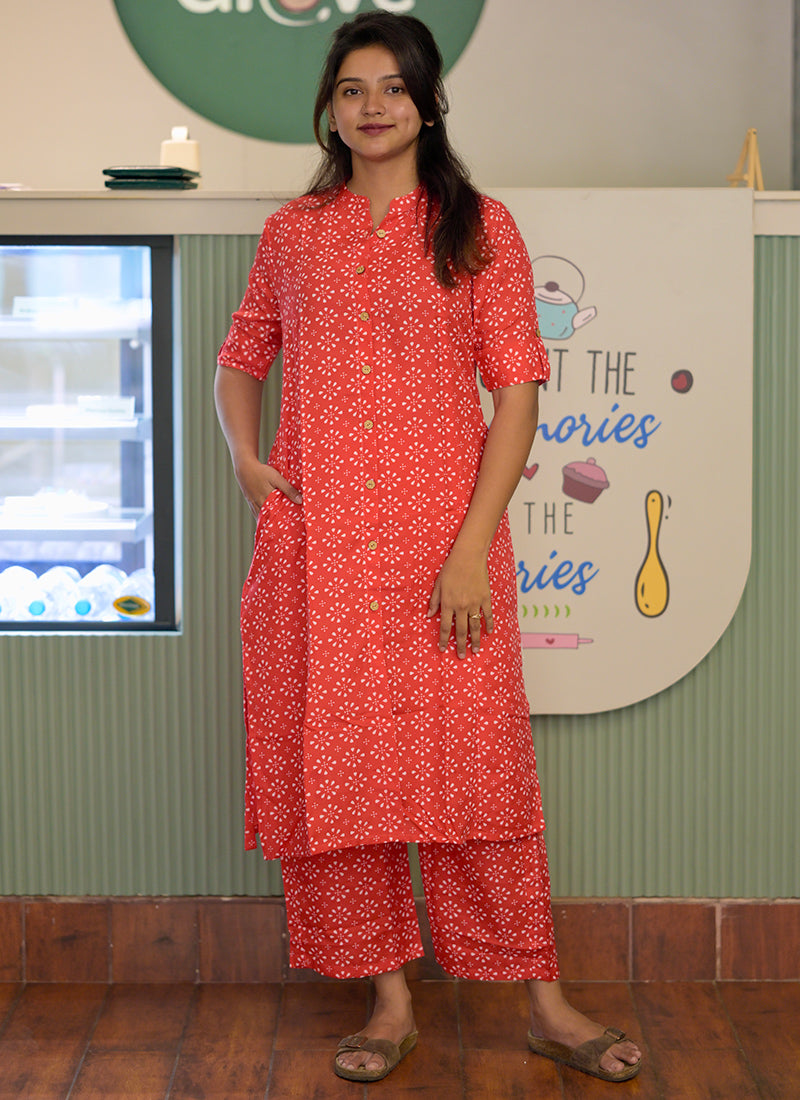 Orange printed rayon cord set