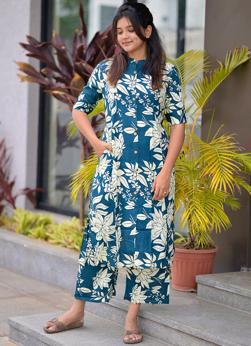 Blue Rayon cotton printed cord set