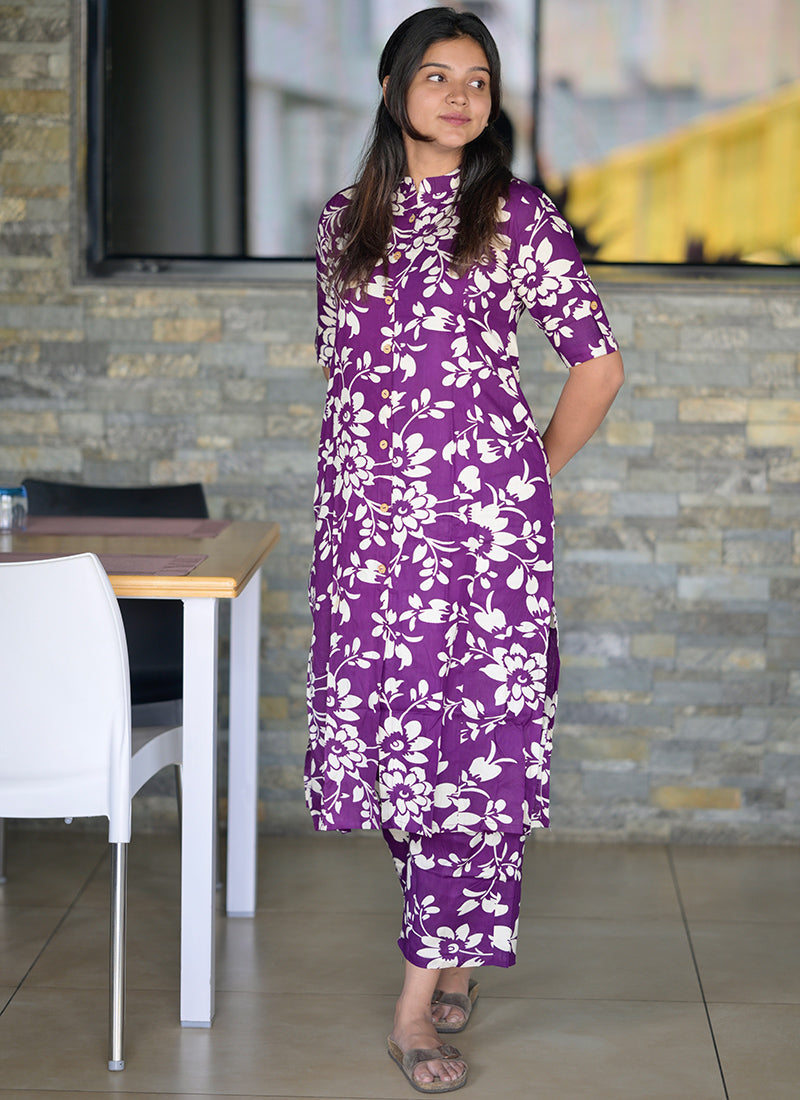 Purple Rayon Flower Printed Casual Wear Cord-set