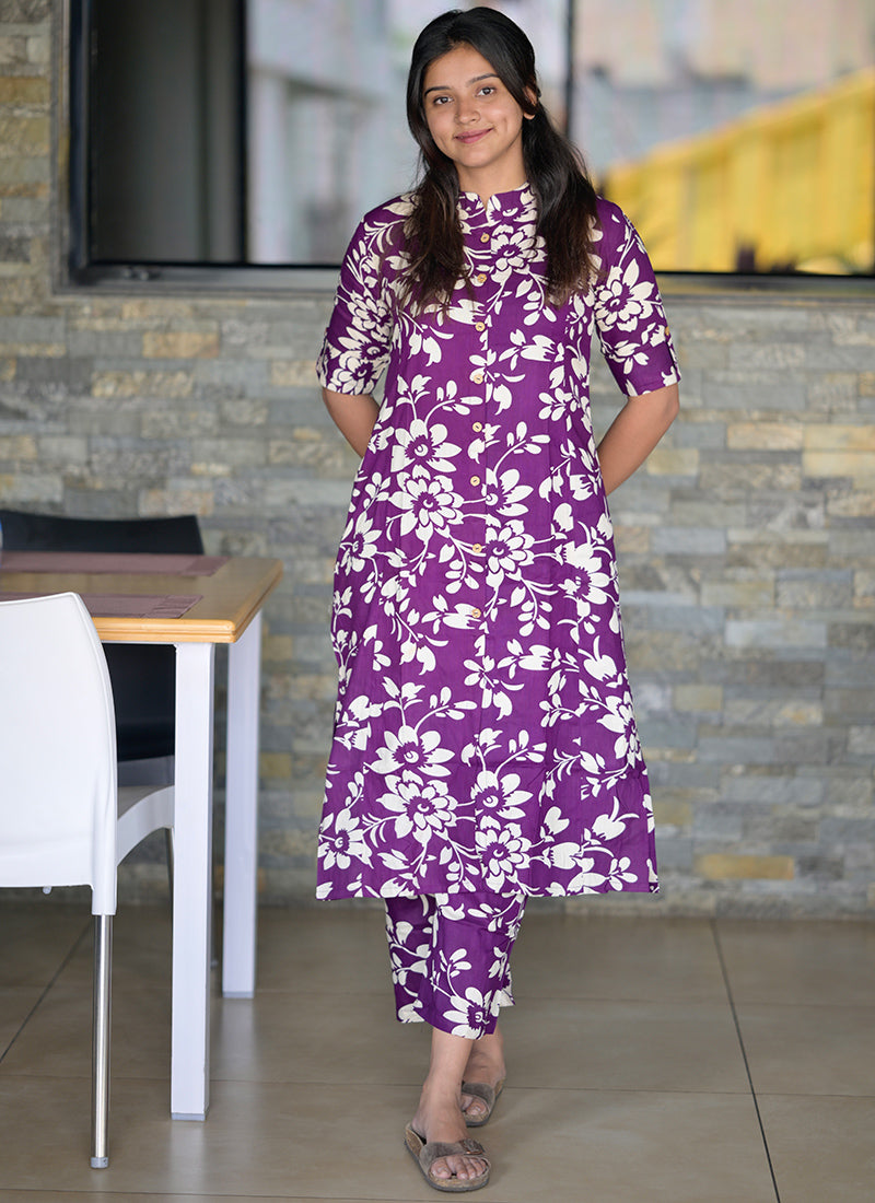 Purple Rayon Flower Printed Casual Wear Cord-set