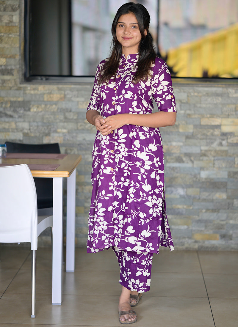 Purple Rayon Flower Printed Casual Wear Cord-set