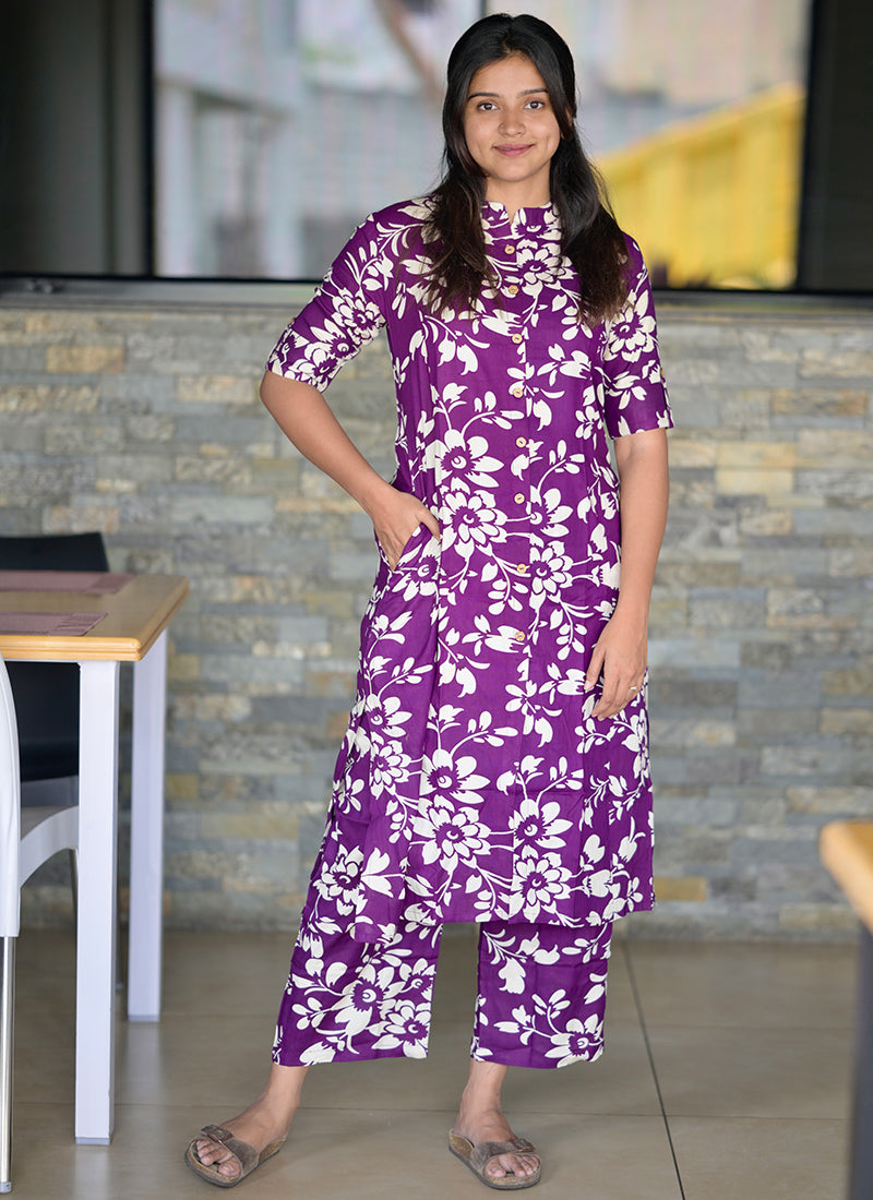 Purple Rayon Flower Printed Casual Wear Cord-set