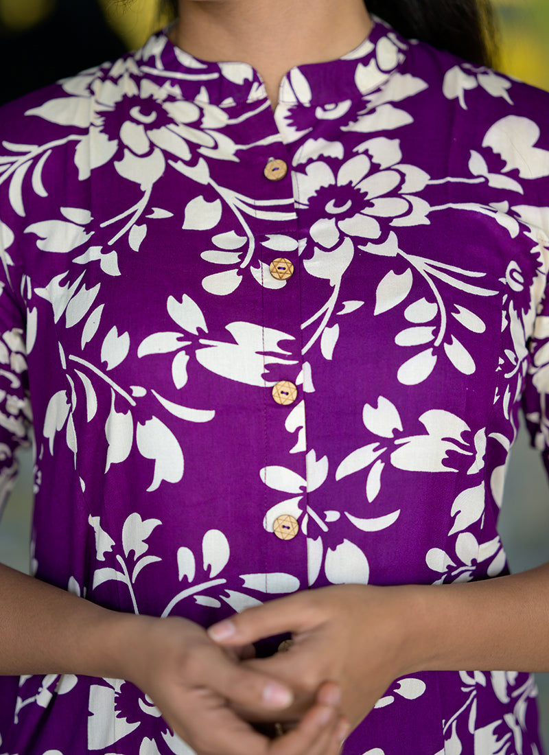 Purple Rayon Flower Printed Casual Wear Cord-set