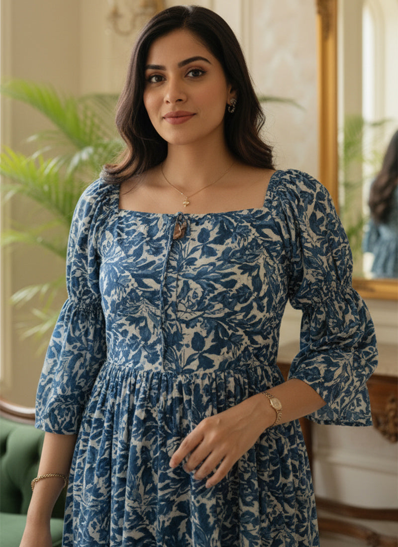 Blue Leaf Printed Georgette Outwear Midi Dress
