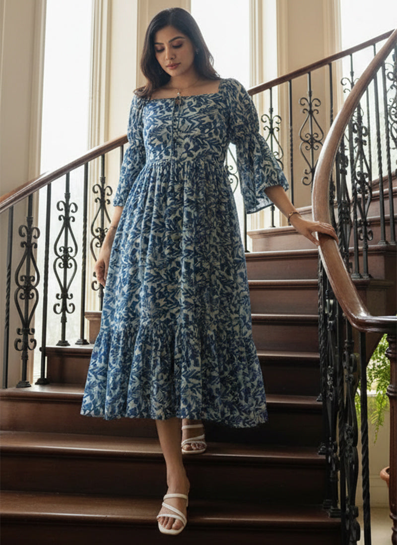 Blue Leaf Printed Georgette Outwear Midi Dress